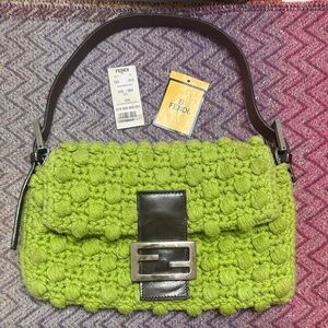 Fendi Green baguette popcorn Crochet Shoulder Bag